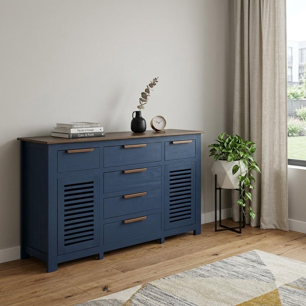 69" Blue Brown And Dark Blue Distressed Wood Six Drawer Sideboard With Two Doors — view 8