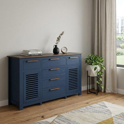 69" Blue Brown And Dark Blue Distressed Wood Six Drawer Sideboard With Two Doors HomeRoots