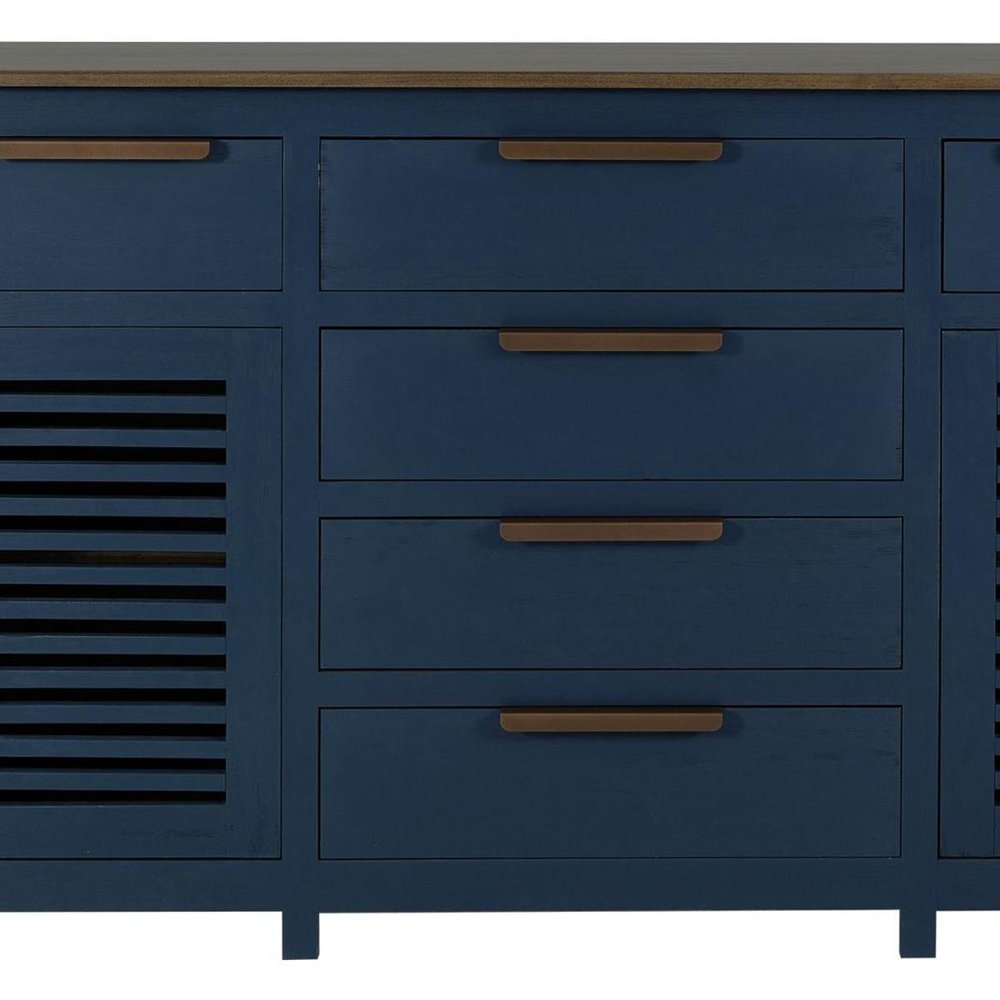 69" Blue Brown And Dark Blue Distressed Wood Six Drawer Sideboard With Two Doors HomeRoots