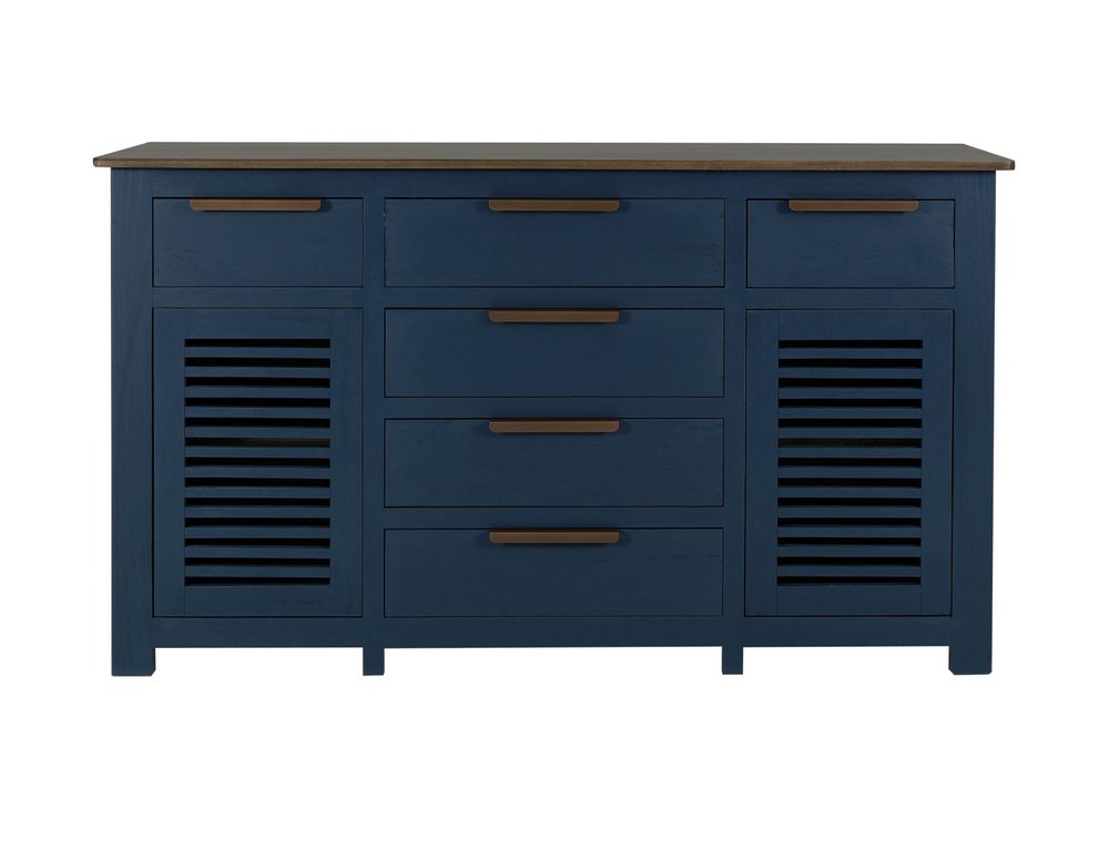 69" Blue Brown And Dark Blue Distressed Wood Six Drawer Sideboard With Two Doors — view 1