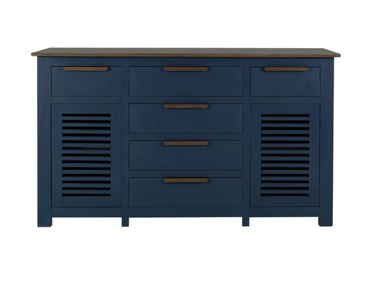 69" Blue Brown And Dark Blue Distressed Wood Six Drawer Sideboard With Two Doors