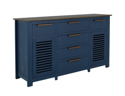 69" Blue Brown And Dark Blue Distressed Wood Six Drawer Sideboard With Two Doors HomeRoots