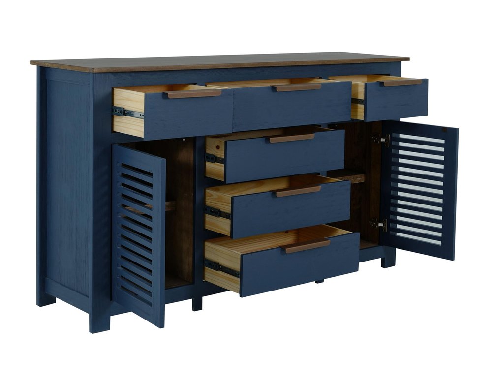 69" Blue Brown And Dark Blue Distressed Wood Six Drawer Sideboard With Two Doors — view 3
