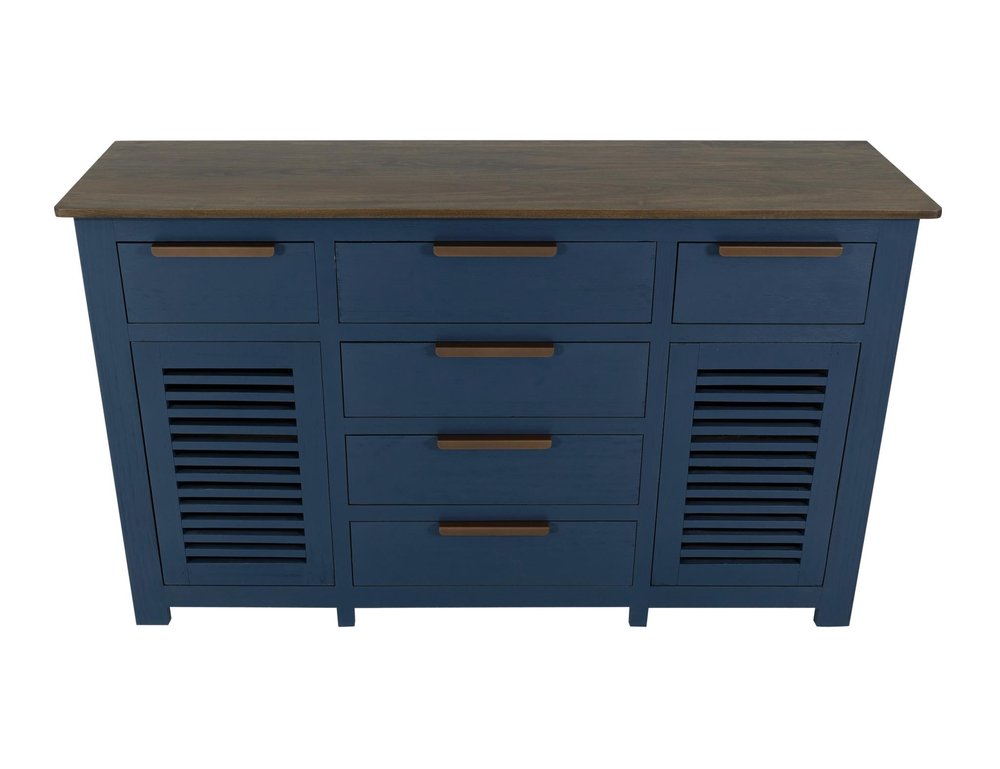 69" Blue Brown And Dark Blue Distressed Wood Six Drawer Sideboard With Two Doors HomeRoots