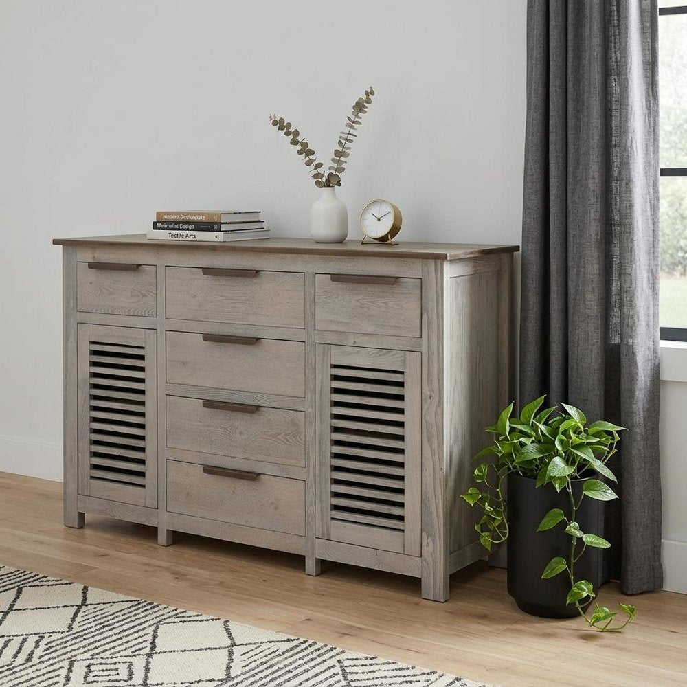 69" Ivory And Brown Distressed Wood Six Drawer Credenza With Two Doors — view 9