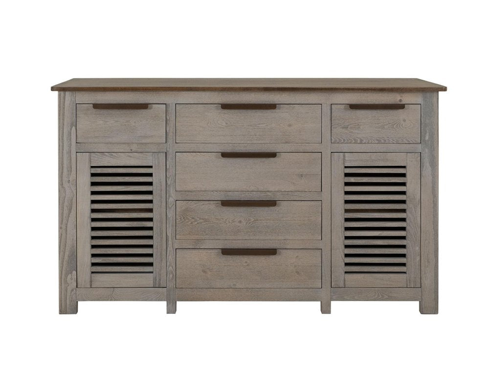 69" Ivory And Brown Distressed Wood Six Drawer Credenza With Two Doors HomeRoots