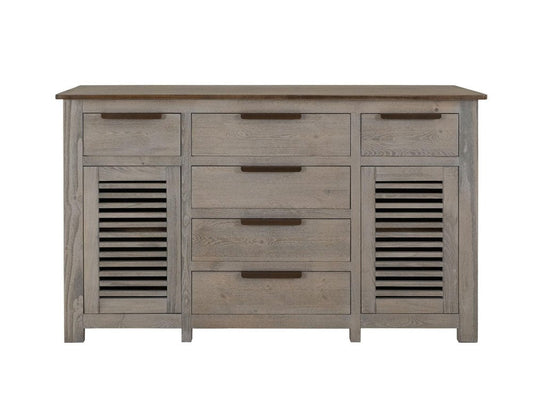 69" Ivory And Brown Distressed Wood Six Drawer Credenza With Two Doors