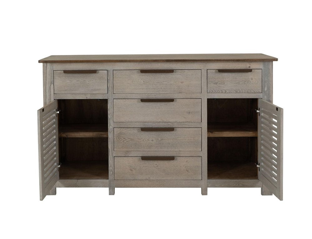 69" Ivory And Brown Distressed Wood Six Drawer Credenza With Two Doors — view 3