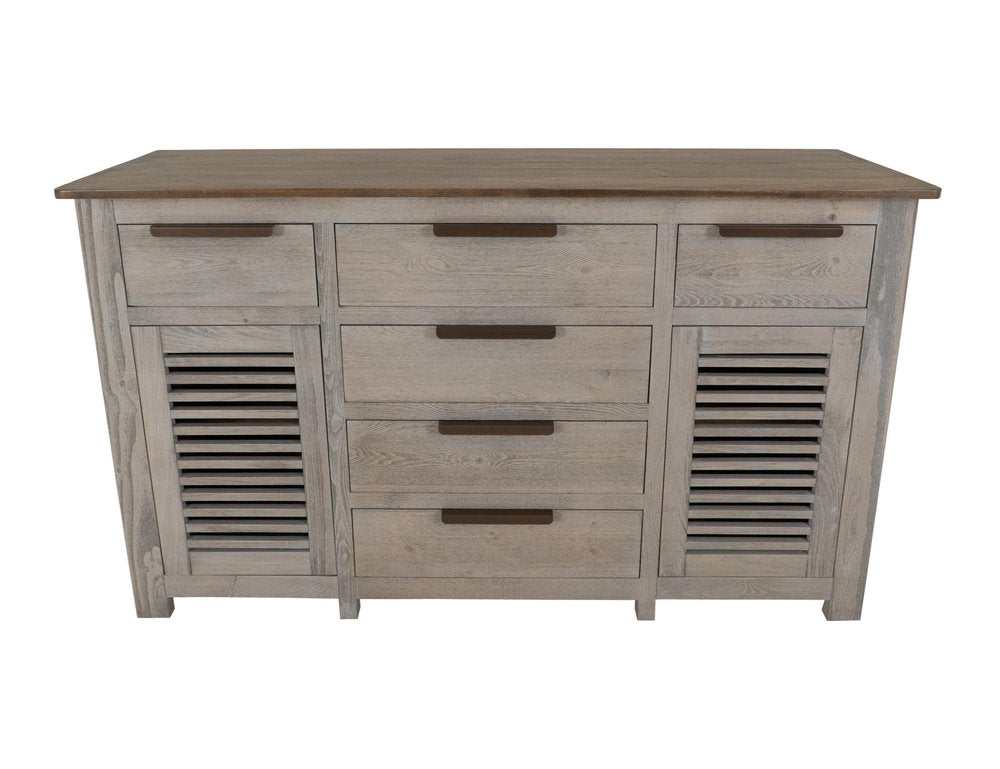 69" Ivory And Brown Distressed Wood Six Drawer Credenza With Two Doors — view 4