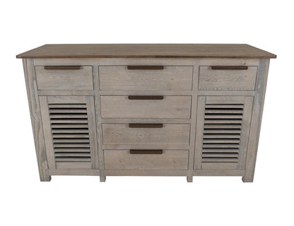 69" Ivory And Brown Distressed Wood Six Drawer Credenza With Two Doors HomeRoots