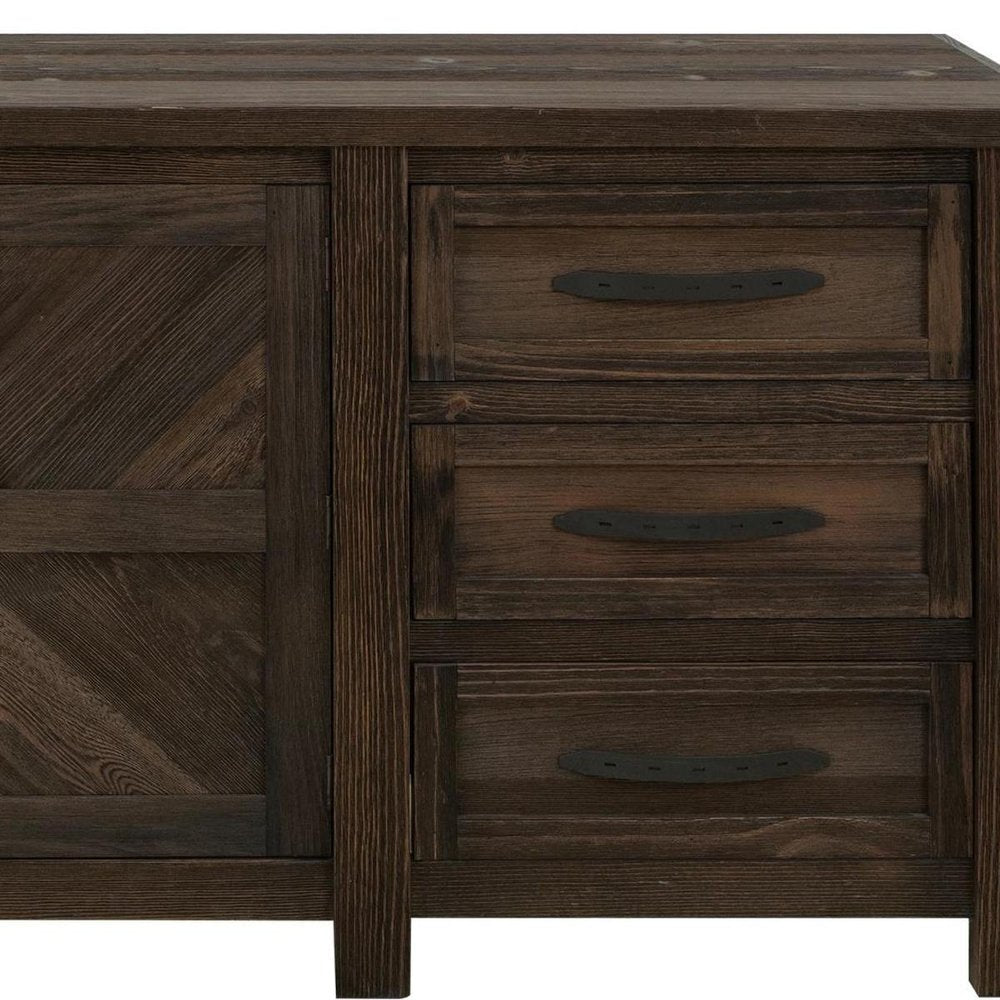 60" Brown Distressed Solid Wood And Wood Carved Abstract Three Drawer Sideboard With Two Doors HomeRoots