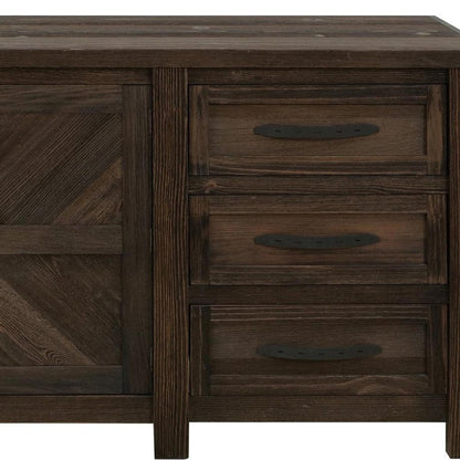 60" Brown Distressed Solid Wood And Wood Carved Abstract Three Drawer Sideboard With Two Doors HomeRoots