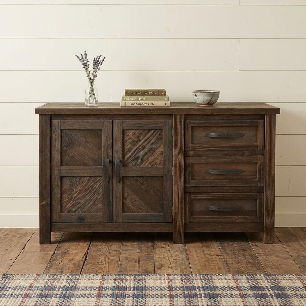 60" Brown Distressed Solid Wood And Wood Carved Abstract Three Drawer Sideboard With Two Doors HomeRoots