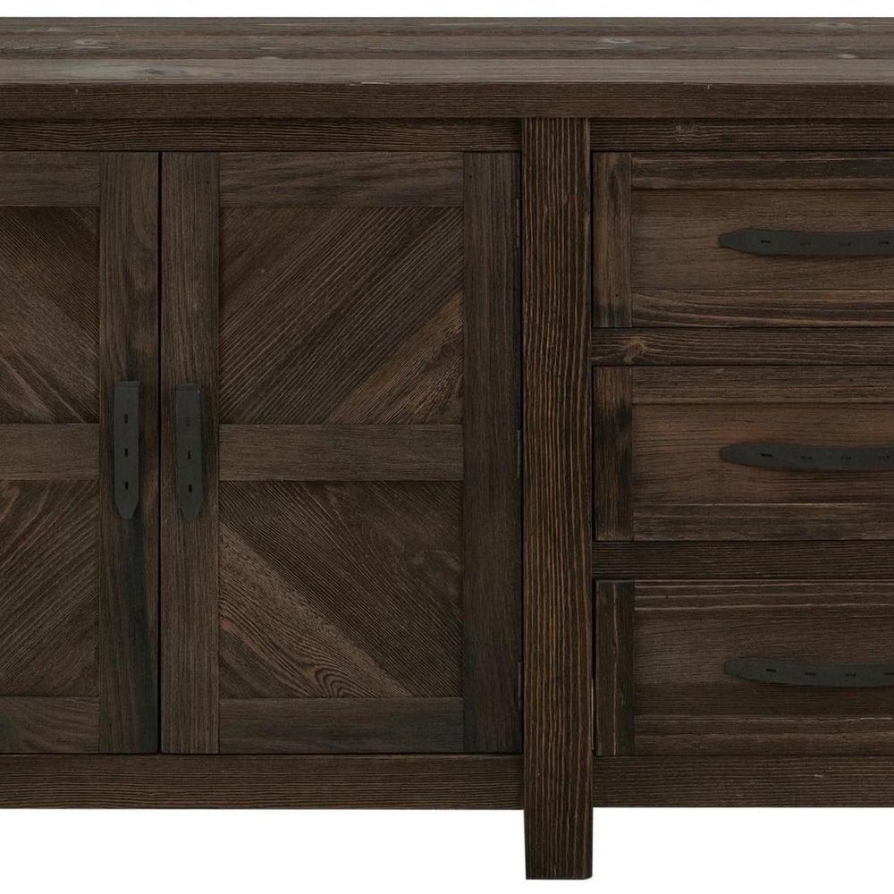 60" Brown Distressed Solid Wood And Wood Carved Abstract Three Drawer Sideboard With Two Doors HomeRoots