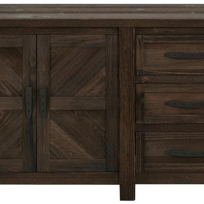 60" Brown Distressed Solid Wood And Wood Carved Abstract Three Drawer Sideboard With Two Doors HomeRoots