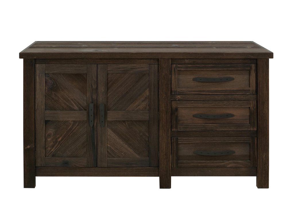60" Brown Distressed Solid Wood And Wood Carved Abstract Three Drawer Sideboard With Two Doors HomeRoots