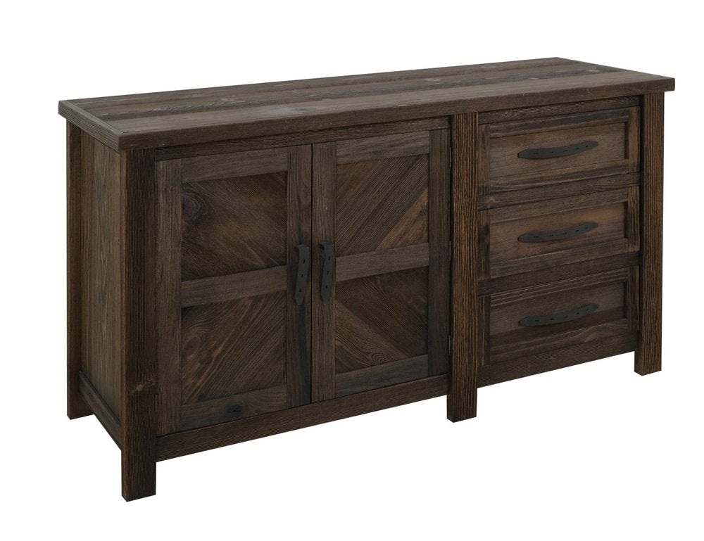 60" Brown Distressed Solid Wood And Wood Carved Abstract Three Drawer Sideboard With Two Doors HomeRoots