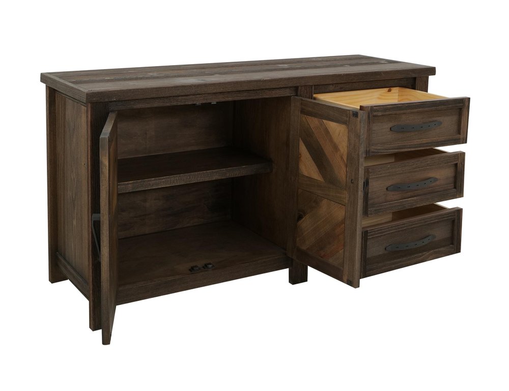 60" Brown Distressed Solid Wood And Wood Carved Abstract Three Drawer Sideboard With Two Doors HomeRoots