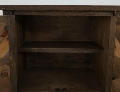 60" Brown Distressed Solid Wood And Wood Carved Abstract Three Drawer Sideboard With Two Doors HomeRoots