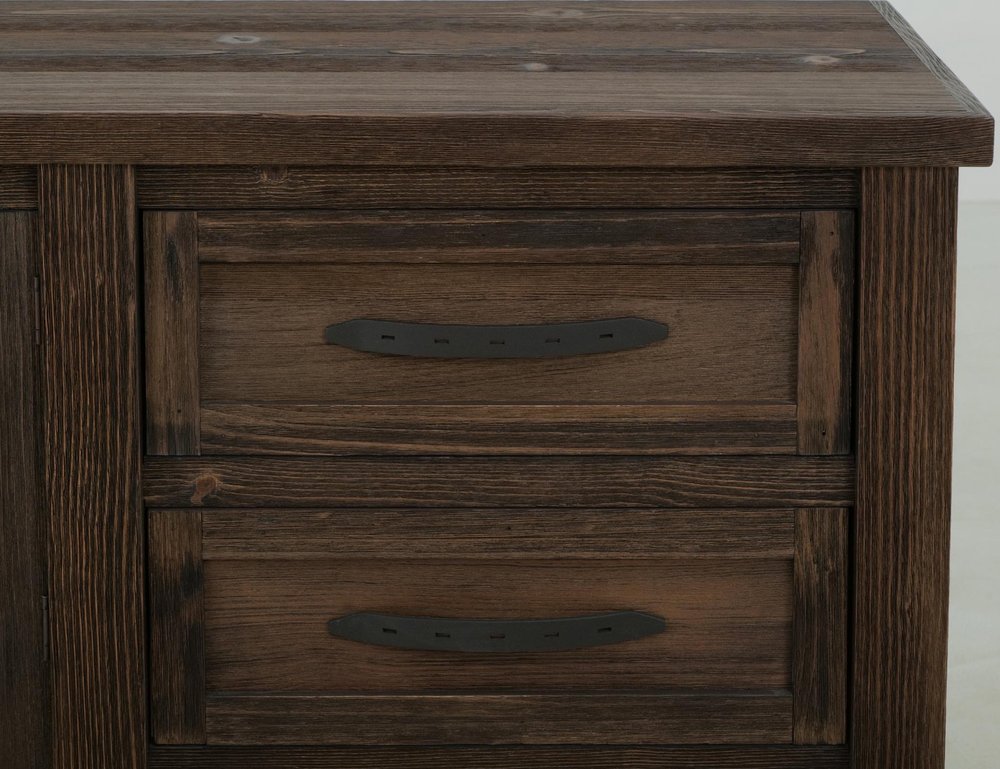 60" Brown Distressed Solid Wood And Wood Carved Abstract Three Drawer Sideboard With Two Doors HomeRoots
