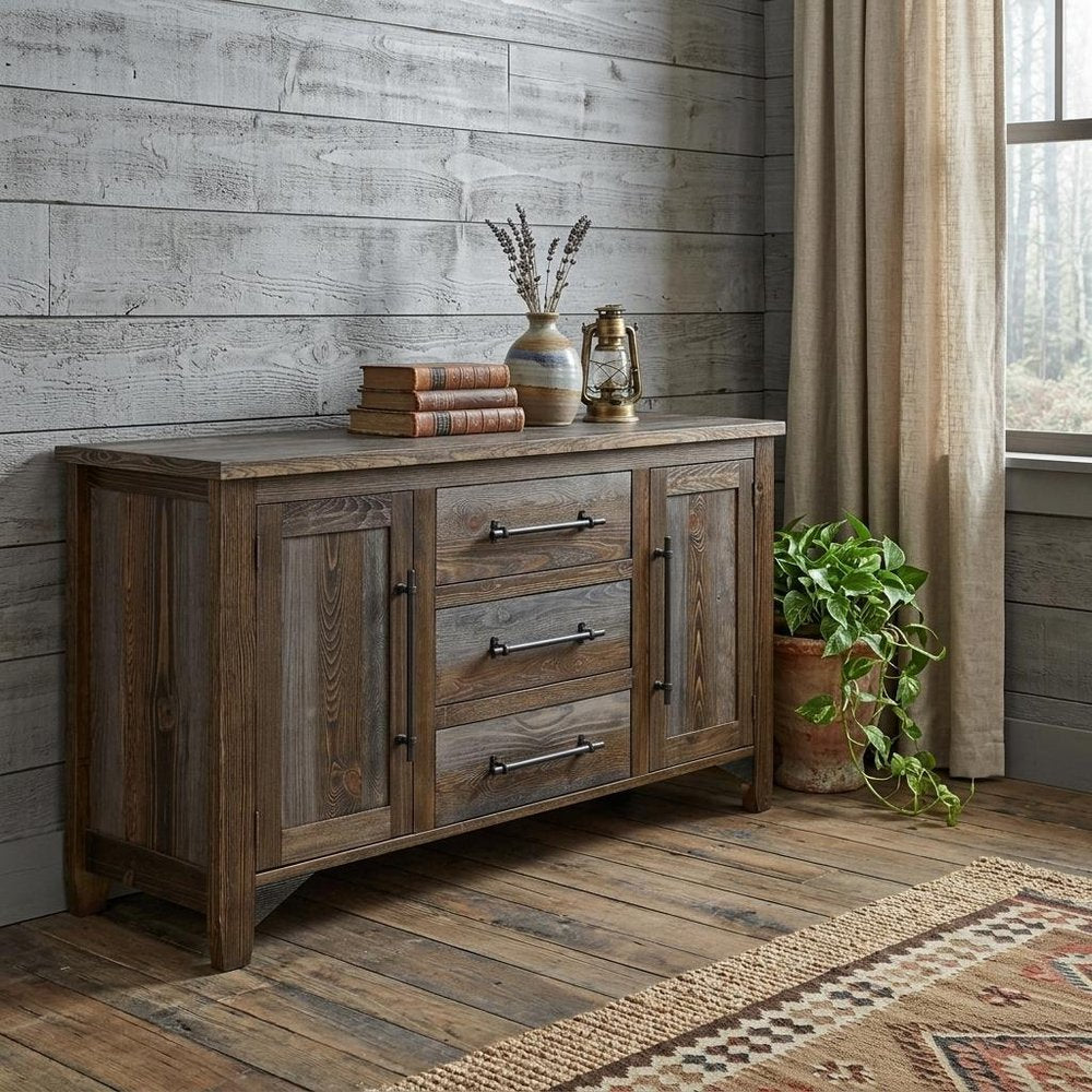 69" Brown And Gray Distressed Wood Three Drawer Sideboard With Two Doors HomeRoots