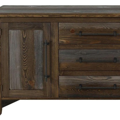 69" Brown And Gray Distressed Wood Three Drawer Sideboard With Two Doors HomeRoots