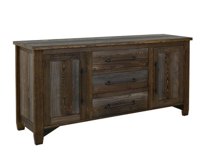 69" Brown And Gray Distressed Wood Three Drawer Sideboard With Two Doors HomeRoots