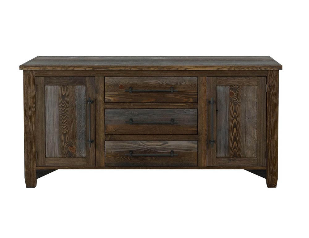 69" Brown And Gray Distressed Wood Three Drawer Sideboard With Two Doors HomeRoots
