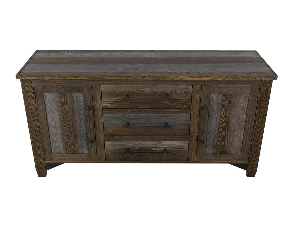 69" Brown And Gray Distressed Wood Three Drawer Sideboard With Two Doors HomeRoots
