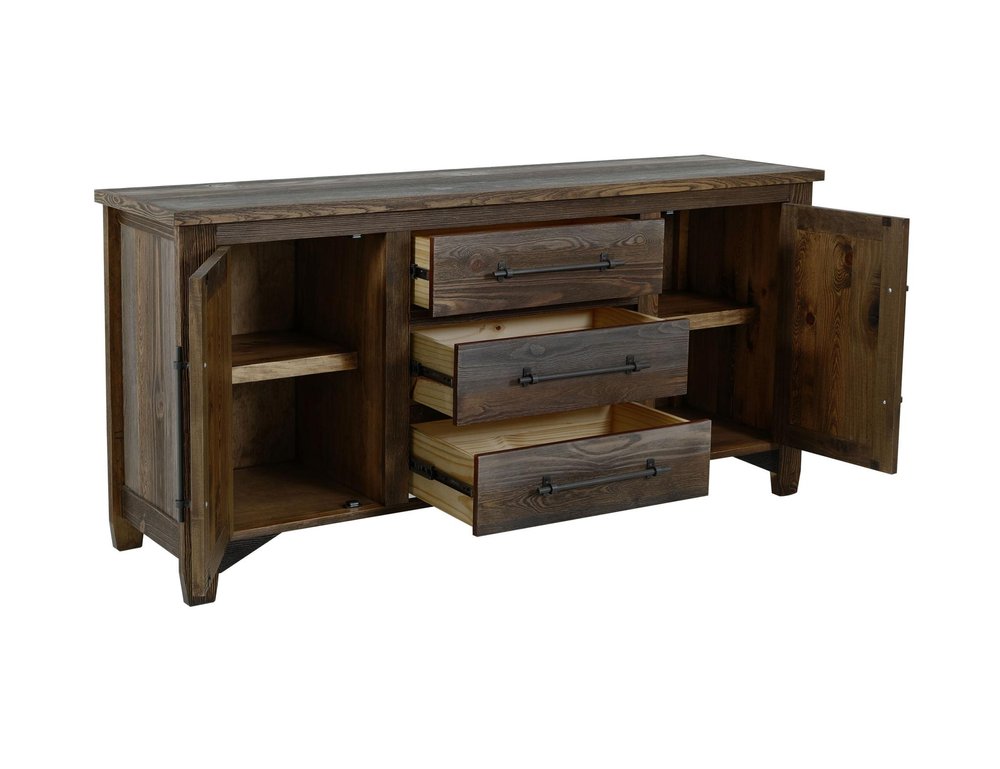 69" Brown And Gray Distressed Wood Three Drawer Sideboard With Two Doors — view 4