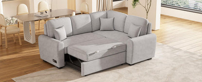 87.4"Sectional Sleeper Sofa with USB Charging Port and Plug Outlet Pull-Out Sofa Bed with 3 Pillows Grey - FurniFindUSA