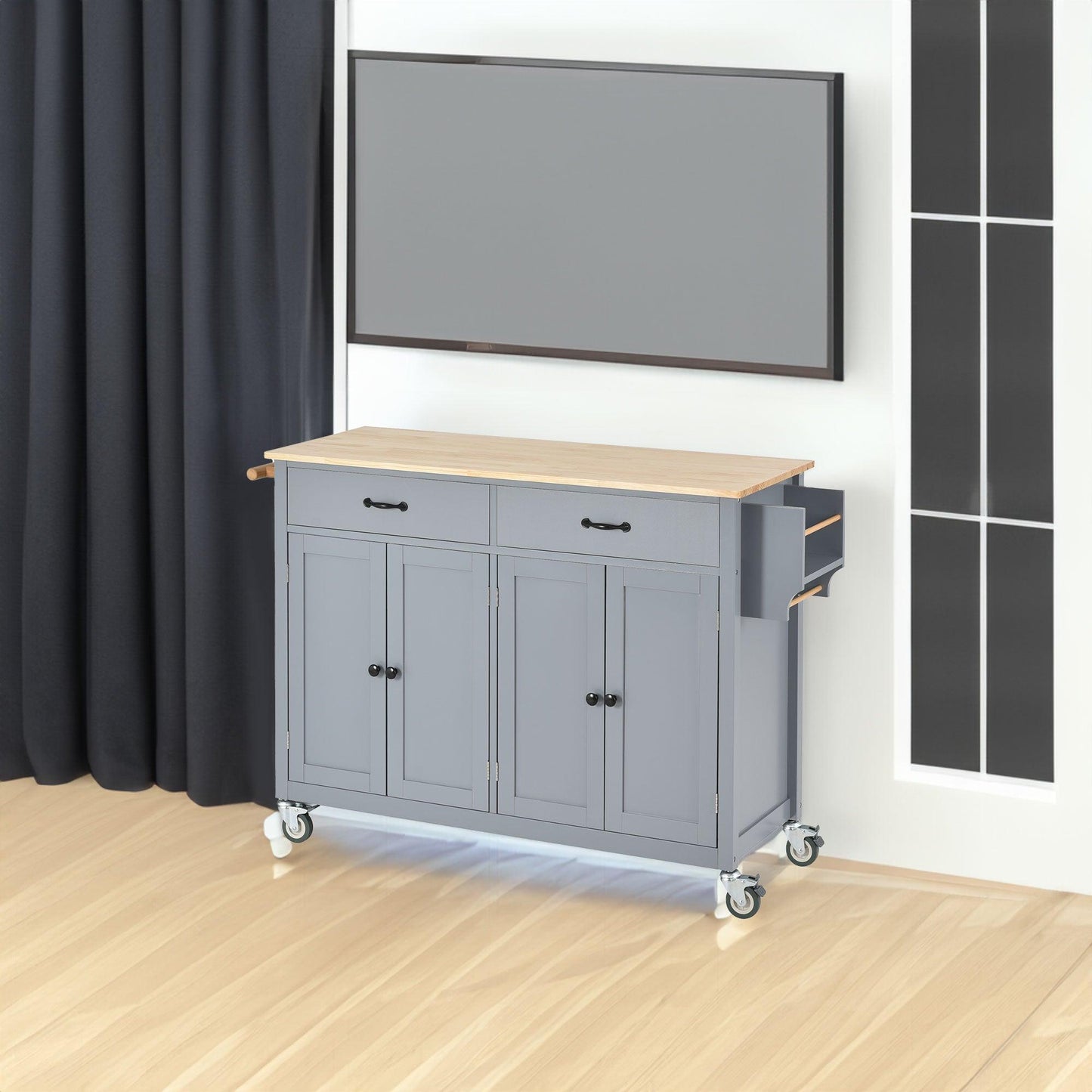 Kitchen Island Cart with Solid Wood Top and Locking Wheels 54.3 Inch Width (Grey Blue) - FurniFindUSA