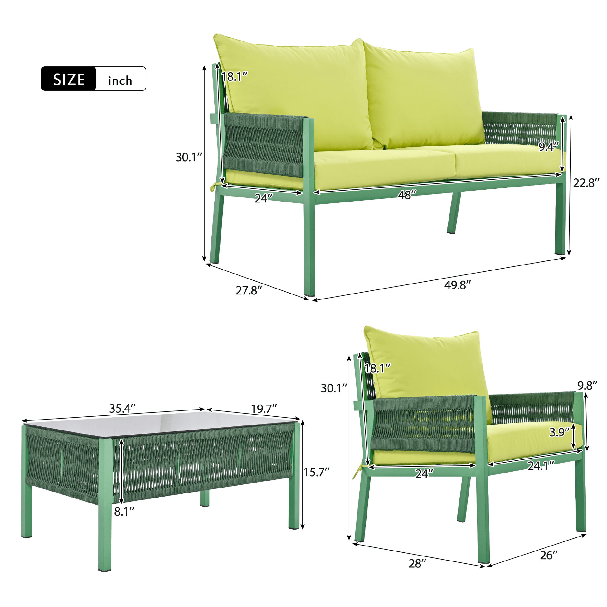 Outdoor Furniture with Tempered Glass Table, Set Deep Seating with Thick Cushion (Fluorescent Yellow & Green) - FurniFindUSA