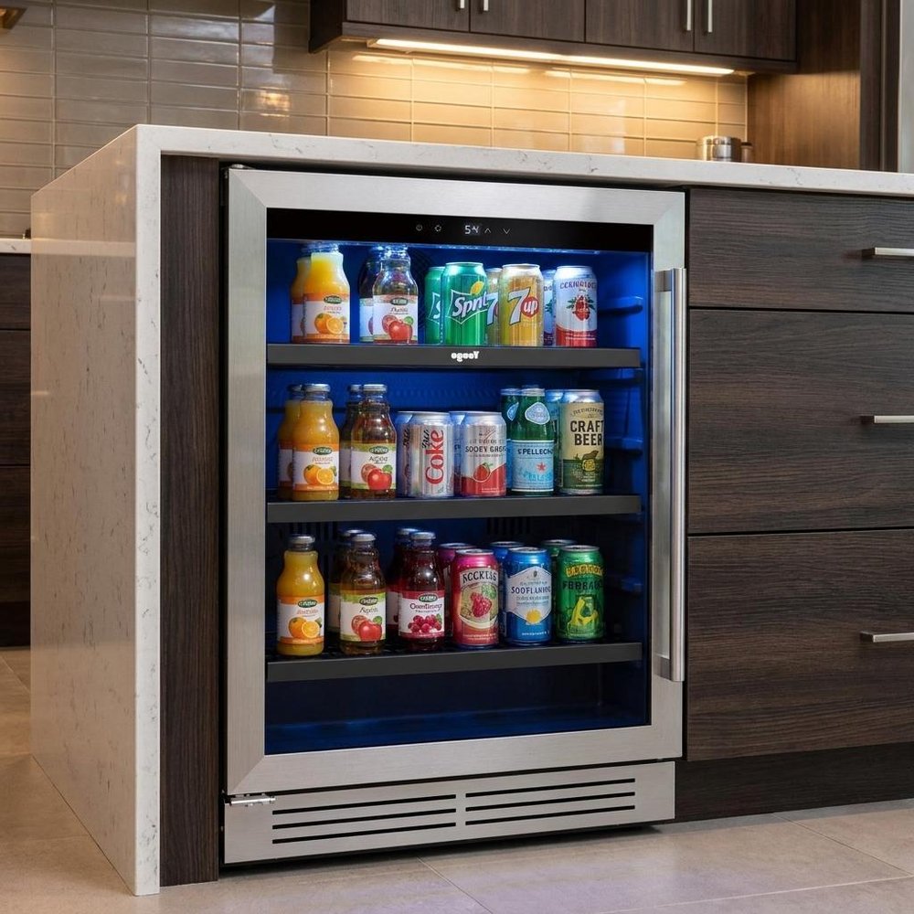 32" X 23" Silver And Black Stainless Steel Single Compartment Can Beverage Refrigerator