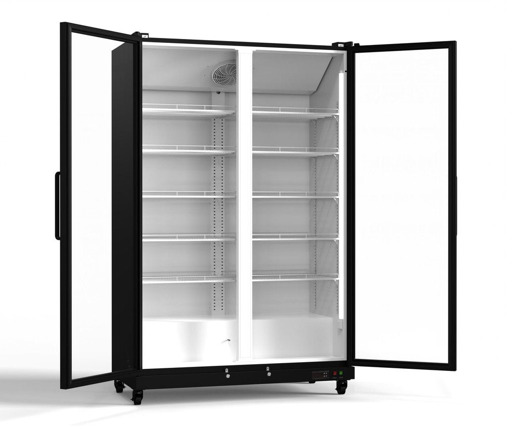 76" X 44" Clear and Black Stainless Steel Double Door Can Beverage Refrigerator — view 1