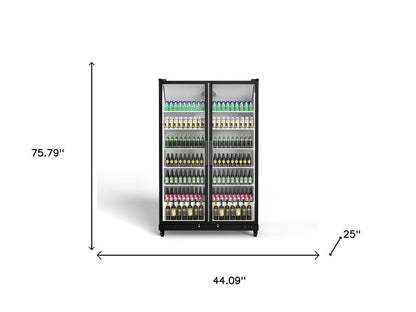 76" X 44" Clear and Black Stainless Steel Double Door Can Beverage Refrigerator