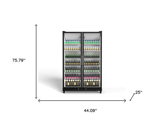 76" X 44" Clear and Black Stainless Steel Double Door Can Beverage Refrigerator