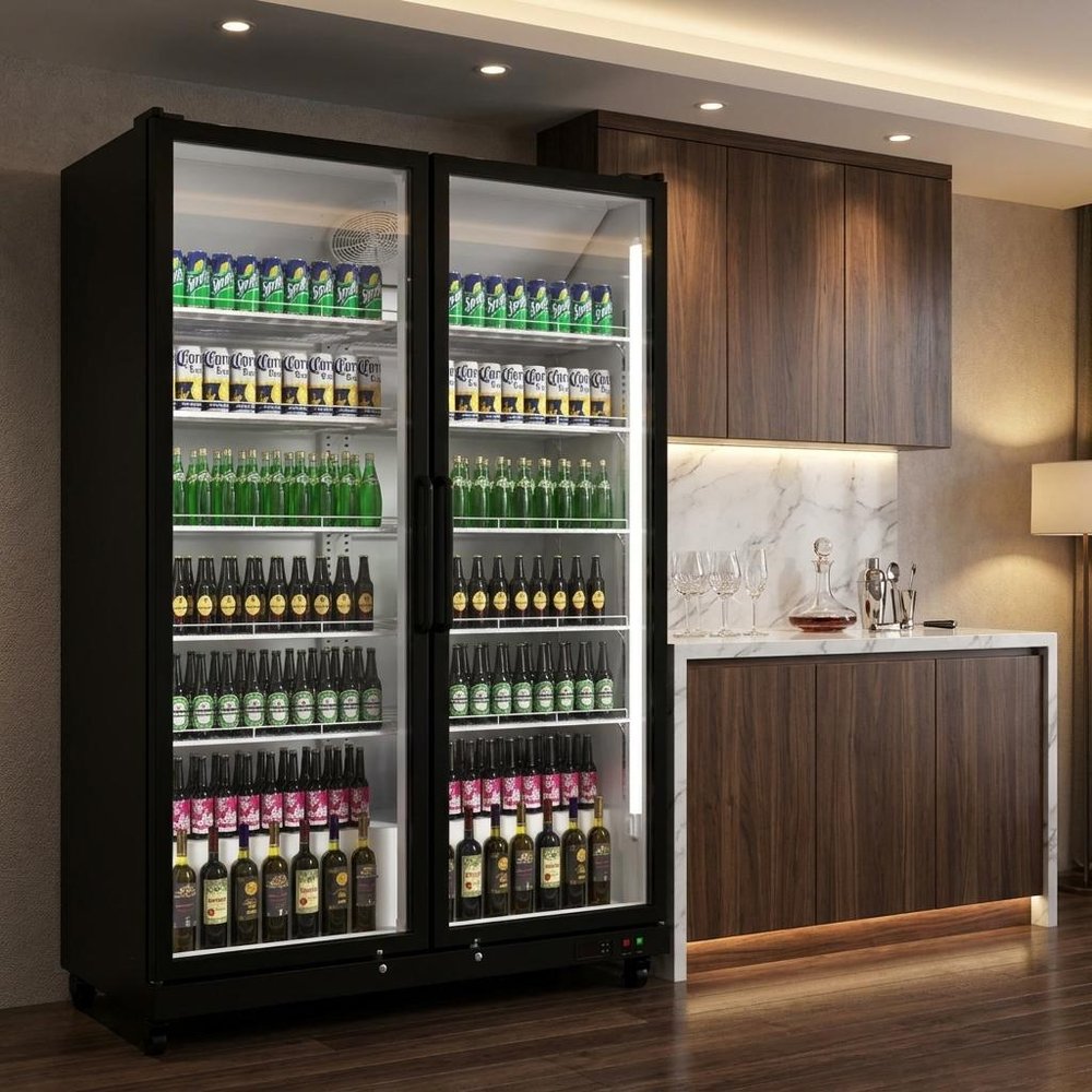 76" X 44" Clear and Black Stainless Steel Double Door Can Beverage Refrigerator — view 3
