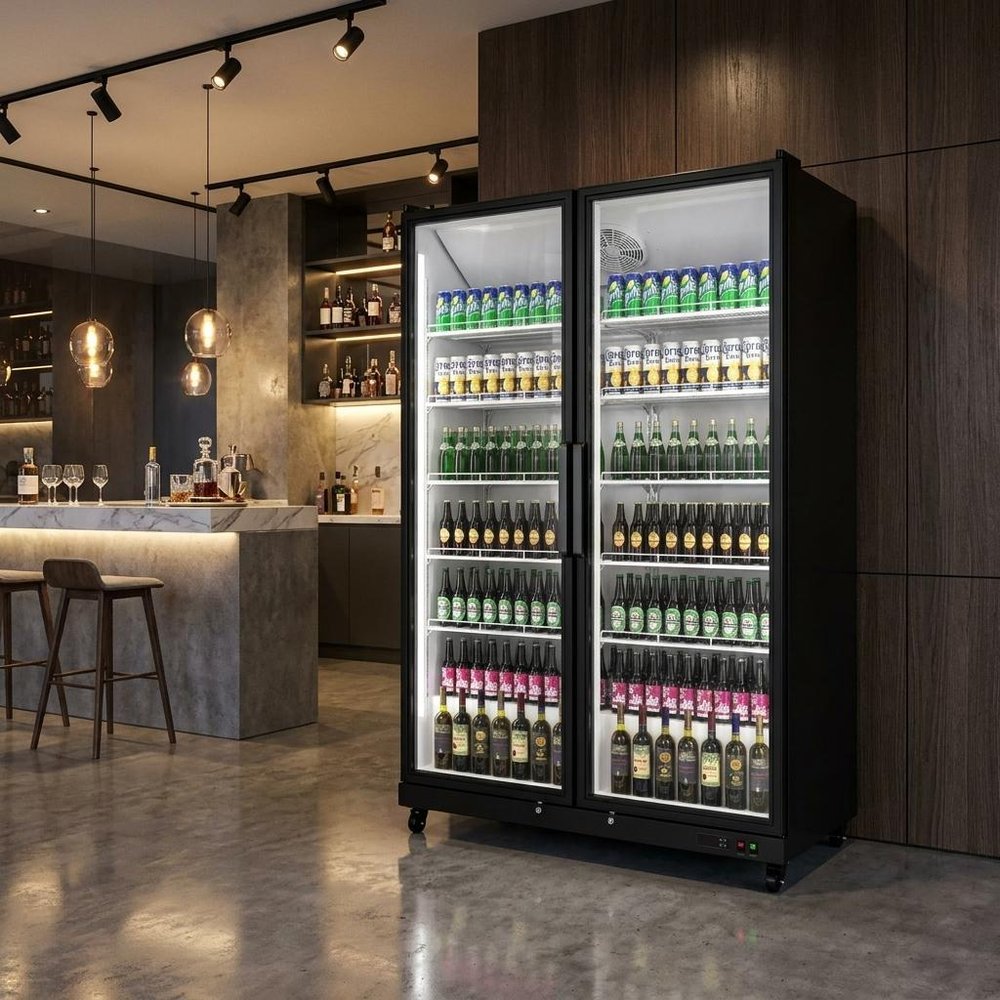 76" X 44" Clear and Black Stainless Steel Double Door Can Beverage Refrigerator — view 4