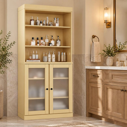 32" Yellow Solid Wood Glass Panel Inlay Double Door Linen Cabinet HomeRoots