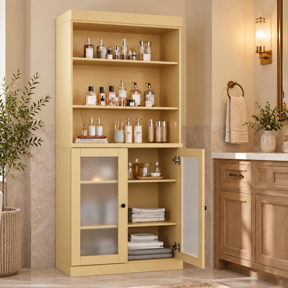 32" Yellow Solid Wood Glass Panel Inlay Double Door Linen Cabinet HomeRoots