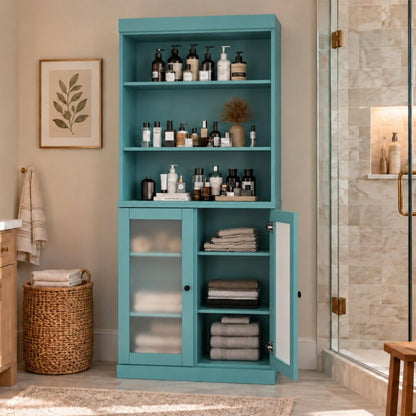 32" Aqua Solid Wood Glass Panel Inlay Double Door Linen Cabinet HomeRoots