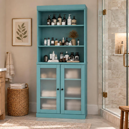 32" Aqua Solid Wood Glass Panel Inlay Double Door Linen Cabinet HomeRoots
