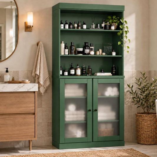 32" Green Solid Wood Glass Panel Inlay Double Door Linen Cabinet HomeRoots