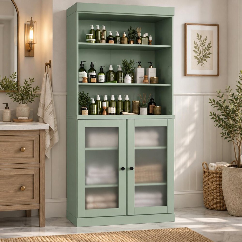 32" Sage Solid Wood Glass Panel Inlay Double Door Linen Cabinet — view 1