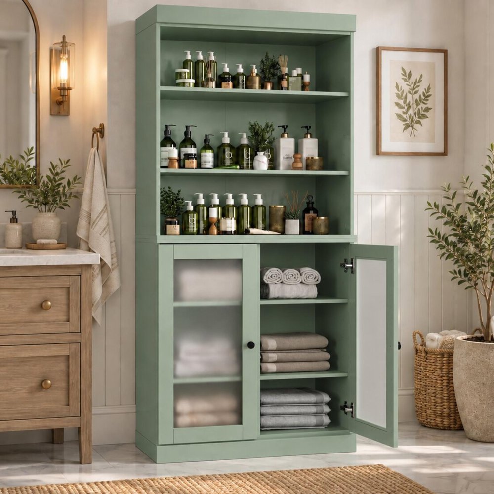 32" Sage Solid Wood Glass Panel Inlay Double Door Linen Cabinet — view 2