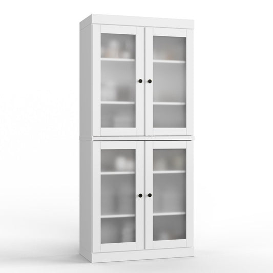 32" White Solid Wood Glass Panel Inlay Double Door Linen Cabinet