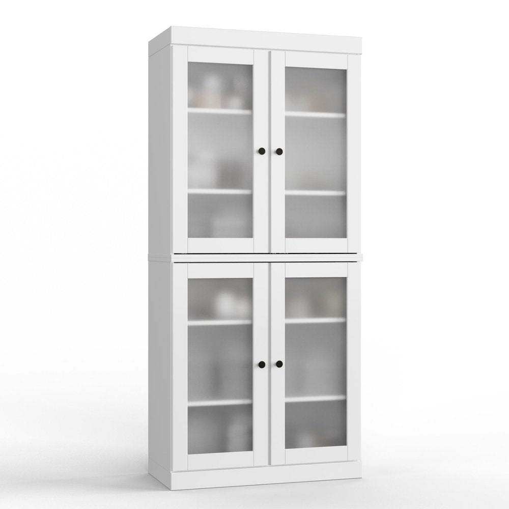 32" White Solid Wood Glass Panel Inlay Double Door Linen Cabinet — view 1