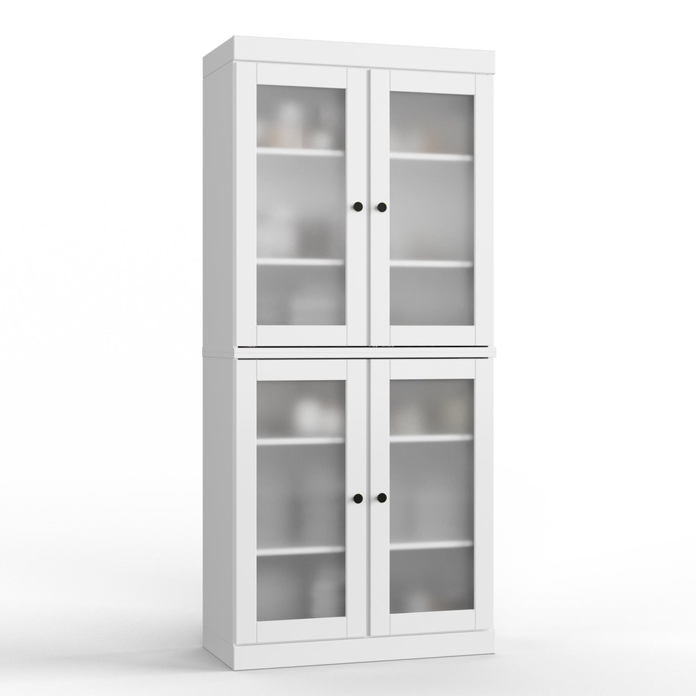 32" White Solid Wood Glass Panel Inlay Double Door Linen Cabinet