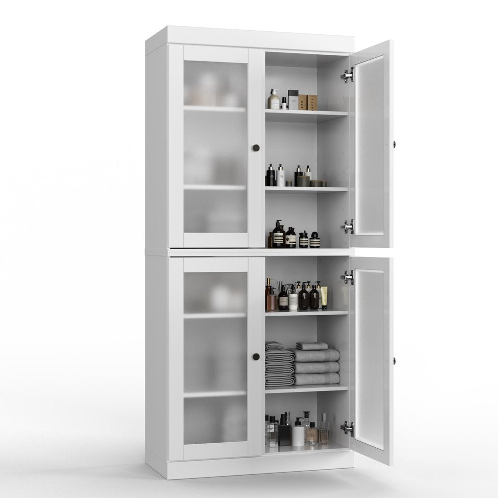 32" White Solid Wood Glass Panel Inlay Double Door Linen Cabinet
